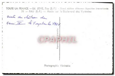 Vista del castillo de Henri IV — Pau — Ed. JOVE, n°70 — Reverso