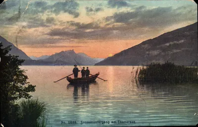 Bilhete postal antigo Pôr do sol no Lago Thunersee Peche