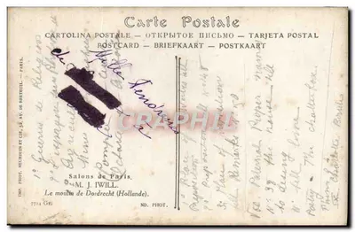 Młyn w Dordrecht (Holandia) — widok rzeczny z jachtami — wydawca M. J. Iwill, Paryż — Rewers