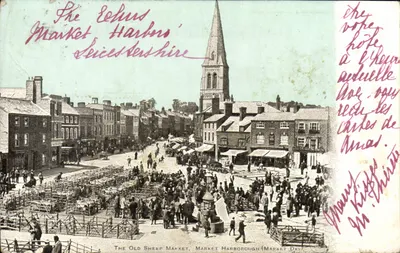 O velho mercado de carneiros em Harborough — mercado de domingo — editor não identificado