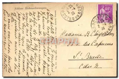 Bilhete postal antigo Castelo de Hohenschwangau — Verso