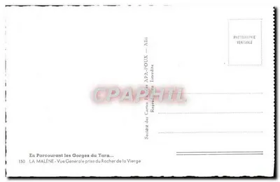La Malène — Vista Geral tirada do Rochedo da Virgem — Société des Cartes Postales APA-POUX — n°150 — Verso
