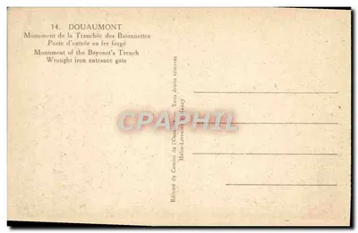 Douaumont — Monumento della Trincea delle Baionette — Porta d'ingresso in ferro battuto — Edizione del Comitato dell'Ossario, Nancy — Verso