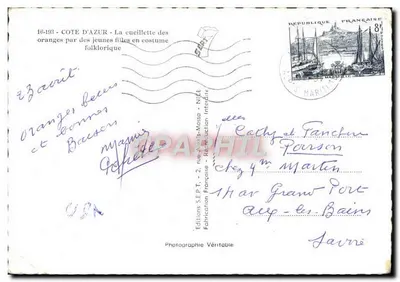 Bilhete postal moderno Costa do Azul A colheita de laranjas por jovens moças em traje folclórico Folclore — Verso