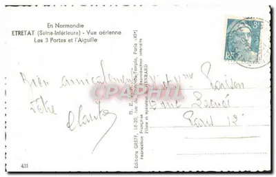 Etretat (Seine-Inférieure) — Widok z lotu — Trzy Drzwi i Szpilka — Wydawnictwo GREFF, Paryż — Rewers