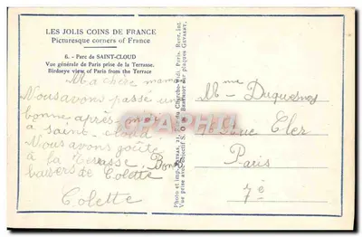 Park Saint-Cloud — Ogólny widok Paryża z Tarasy — wydawca Pajras, nr 6 — Rewers