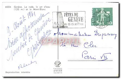 Genebra — A enseada, o jato d'água (120 m.) e o Monte Branco — Éditions Jaeger Genebra, n° 6004 — Verso