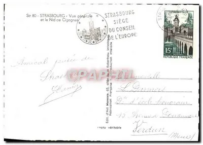Estrasburgo — Vista general y el Nido de Cigüeñas — Ed. d'Art Marasco — Reverso