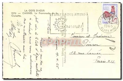 Cannes — A Promenade da Croisette — Edições Réunies Françaises — Verso