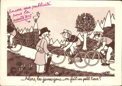 Jeunes cyclistes — publicité pour la plume BIC — éditeur non visible