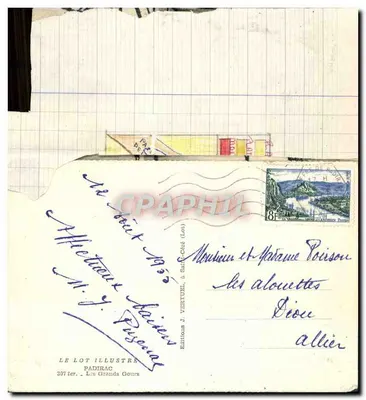 Les falaises abruptes des Gours — vue intérieure de la grotte et vue extérieure du viaduc — Éditions J. Vertuël, Padirac — Verso