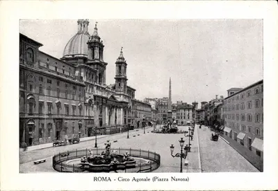 Roma - Circo Agonale (Piazza Navona) — vue de la fontaine des Quatre Fleuves et de l'église de la Trinità dei Monti, éditeur non visible