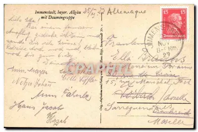 Immenstadt — widok panoramiczny z zasnieżonymi górami — wydawca nieznany — Rewers