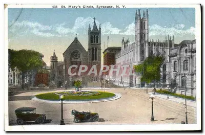St. Mary's Circle, Syracuse, N.Y. — vista da praça com igreja e carros — Rudolph Bros. Art Publishers, Syracuse, N.Y.