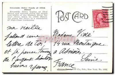 Riverside Drive, South of 155th Street, New York — vue panoramique avec route sinueuse et quai — éditeur Success Postal Card Co., n° 1085 — Verso