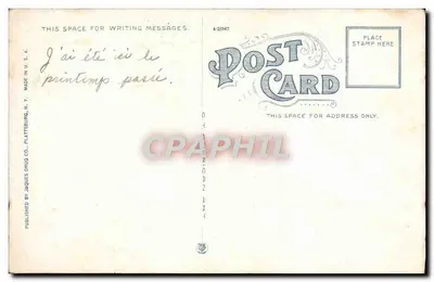 Table Rock, Ausable Chasm, N.Y. — vista do canyon com escada e abrigo — editor Jaques Drug Co., Plattsburgh, N.Y. — Verso