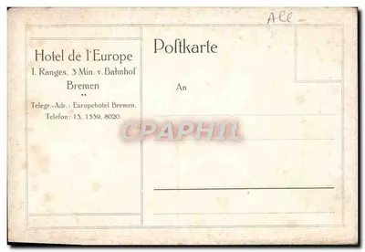 Hôtel de l'Europe — bâtiment d'angle orné, rue principale — éditeur : Hotel de l'Europe, Bremen — Verso