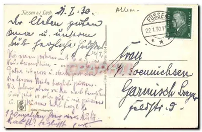 Füssen a./Lech — widok panoramiczny z zamekiem i zasnieżonymi górami — Oskar Gille, n° 3664 — Rewers