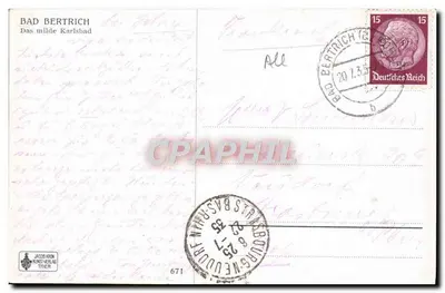 Bad Bertrich — widok wioski i skały — wydawca Jacob Kron, nr 671 — Rewers