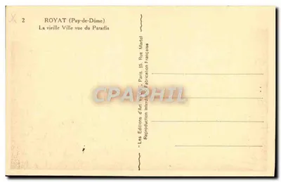 Royat (Puy-de-Dôme) — Velha Cidade vista do Paraíso — Les Éditions d'Art Vychi, Paris — Verso
