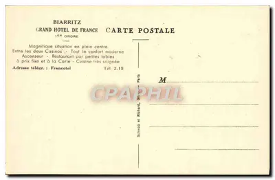Hôtel de France — Biarritz — éditeur Schwob et Richard, Paris — Verso