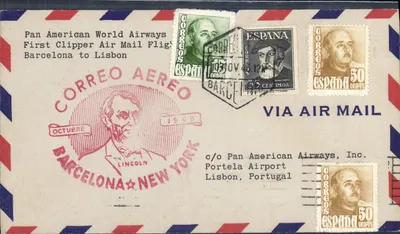 Pierwszy lot Clippers Pan American World Airways — z Barcelony do Lizbony — 1948 — Correos Españoles