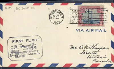 Первый авиарейс Детройт-Торонто — 15 июля 1929 — издатель Air Mail