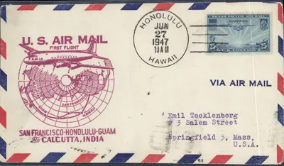 Voo inaugural Trans-Pacífico — San Francisco-Honolulu-Guam-Calcutta, Índia — U.S. Air Mail