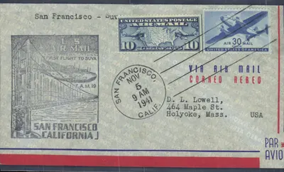 Primeiro voo San Francisco - Suva — Bilhete postal antigo dos EUA, edição especial