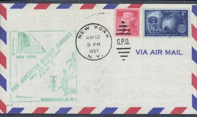 Первый международный авиаперелёт Pan American World Airways — Нью-Йорк — Барбадос, Б.В.И. — G.P.O. Нью-Йорк