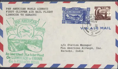 Pierwszy lot lotnictwa Pan American World Airways z Limerick do Karachi — wydawca Parnell, nr serii 3p i 1s