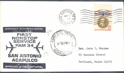 San Antonio - Acapulco — Primeiro voo não-stop Braniff International — editor Braniff International, n° FAM 34