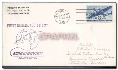 Первый регулярный рейс — ScandinaVian Airlines System — издатель Penility Stamp Co.