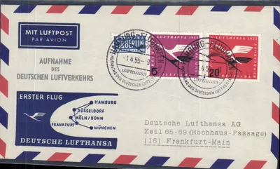 Primeiro voo da Deutsche Lufthansa — Hamburgo — Berlim — Frankfurt — Munique — Düsseldorf — Bonn — 1955 — Deutsche Lufthansa AG