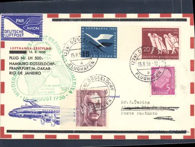 Primeiro voo Lufthansa Hamburgo-Dakar-Rio de Janeiro — 15 de agosto de 1956 — Deutsche Bundespost