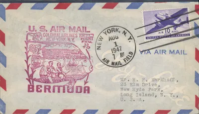 Primeiro voo da Colonial Airlines Nova York - Bermuda — Bilhete postal aéreo dos EUA 1947