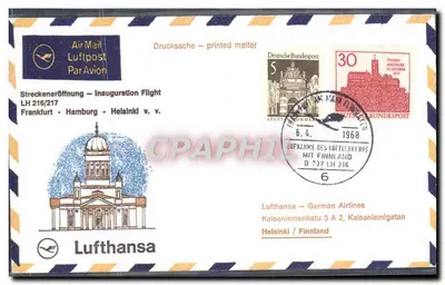 Inauguração do voo Frankfurt-Hamburgo-Helsinque — Lufthansa — 6.4.1968 — Deutsche Bundespost