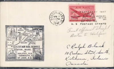Erster Luftpostdienst — Boston nach Halifax — 1947 — U.S. Poststempel