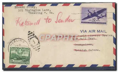 Воздушная почтовая карточка — тест Pan American World Airways — Wheeling W. Va. — Georgetown, Британская Гвиана