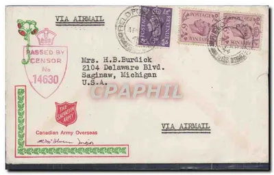 Carte postal aérea da Armada da Salvation destinada aos Estados Unidos — Canadian Army Overseas, Índia