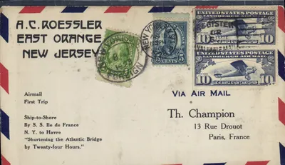 A.C. Roessler к Th. Champion — Нью-Йорк в Париж — Авиапочта 1920