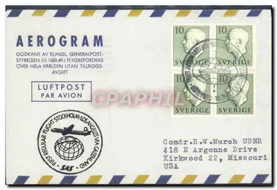Aérogramme sueco — primeiro voo Stockholm-Los Angeles via Groenlândia — editor SAS, número de série não visível