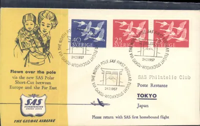 Voo polar SAS — Tóquio — Estocolmo — 24.2.1957 — SAS Philatelic Club