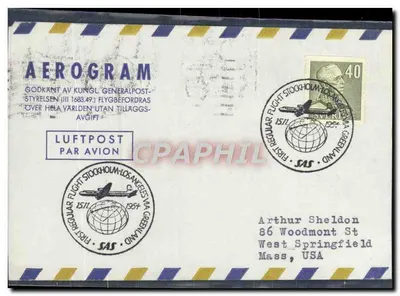 Voo inaugural Estocolmo-Los Angeles — SAS — 15.11.1954 — Aérogramme sueco