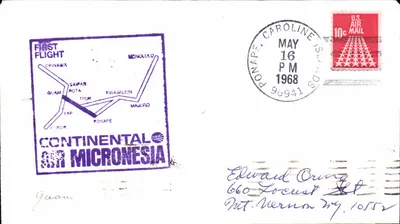 Primeiro voo Continental Air Micronésia — Ponape, Caroline — 16 de maio de 1968