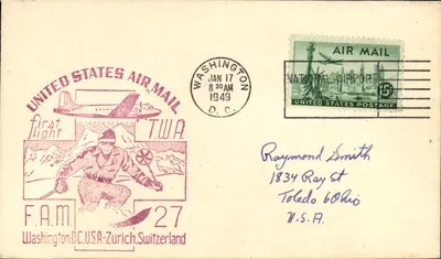 Первый полет Washington D.C.-Zurich — T.W.A. — 17 января 1949 — F.A.M. 27