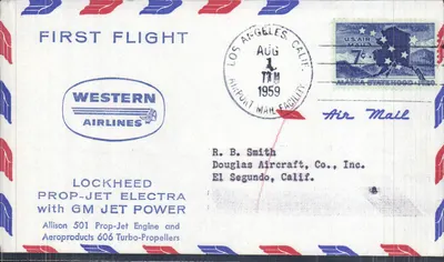 Первый полёт — Локхид Электра с реактивным двигателем — Western Airlines — Лос-Анджелес, Калифорния — 1 августа 1959 года