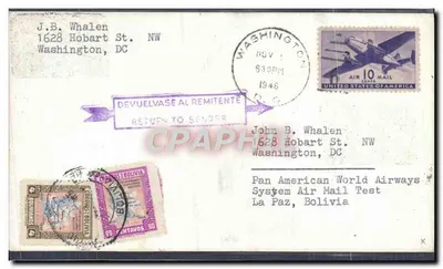 Teste postal Pan American World Airways — La Paz, Bolívia — Washington, DC — 1946