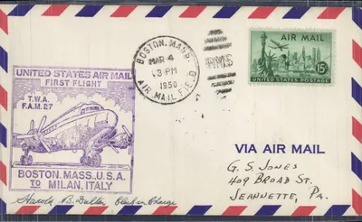 Primeiro voo dos Estados Unidos — Boston, Mass. — Milão, Itália — T.W.A. F.A.M.27 — 1950
