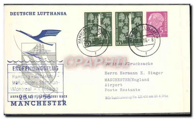 Início do voo da Lufthansa — Hamburgo-Manchester-Shannon-Montreal-Chicago — editor Deutsche Lufthansa, número de série não visível